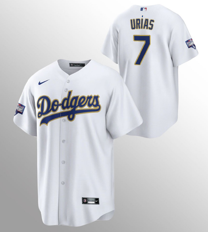 Men's Los Angeles Dodgers #7 Julio Urias White MLB Champions Patch Gold Program Cool Base Sttiched Jersey